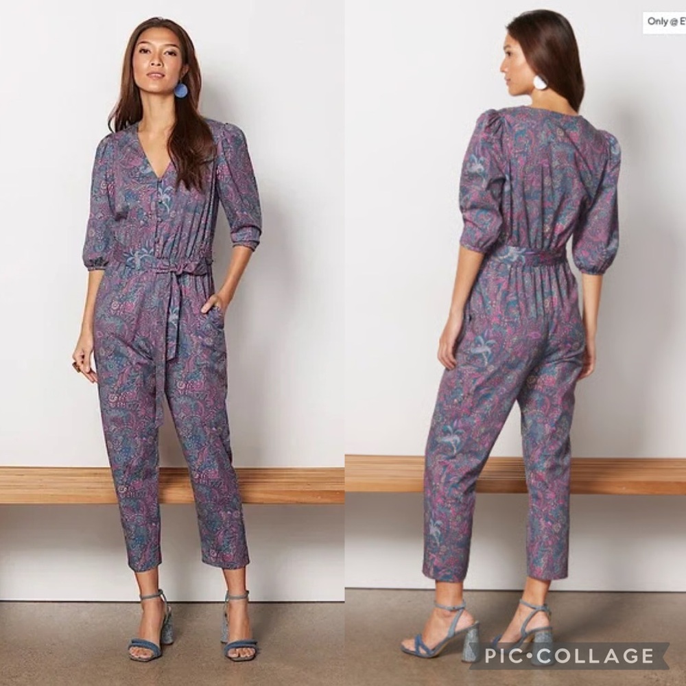 NWT EVEREVE Ember Jumpsuit V-Neck Multicolor Print Cotton Blend Tie Waist M